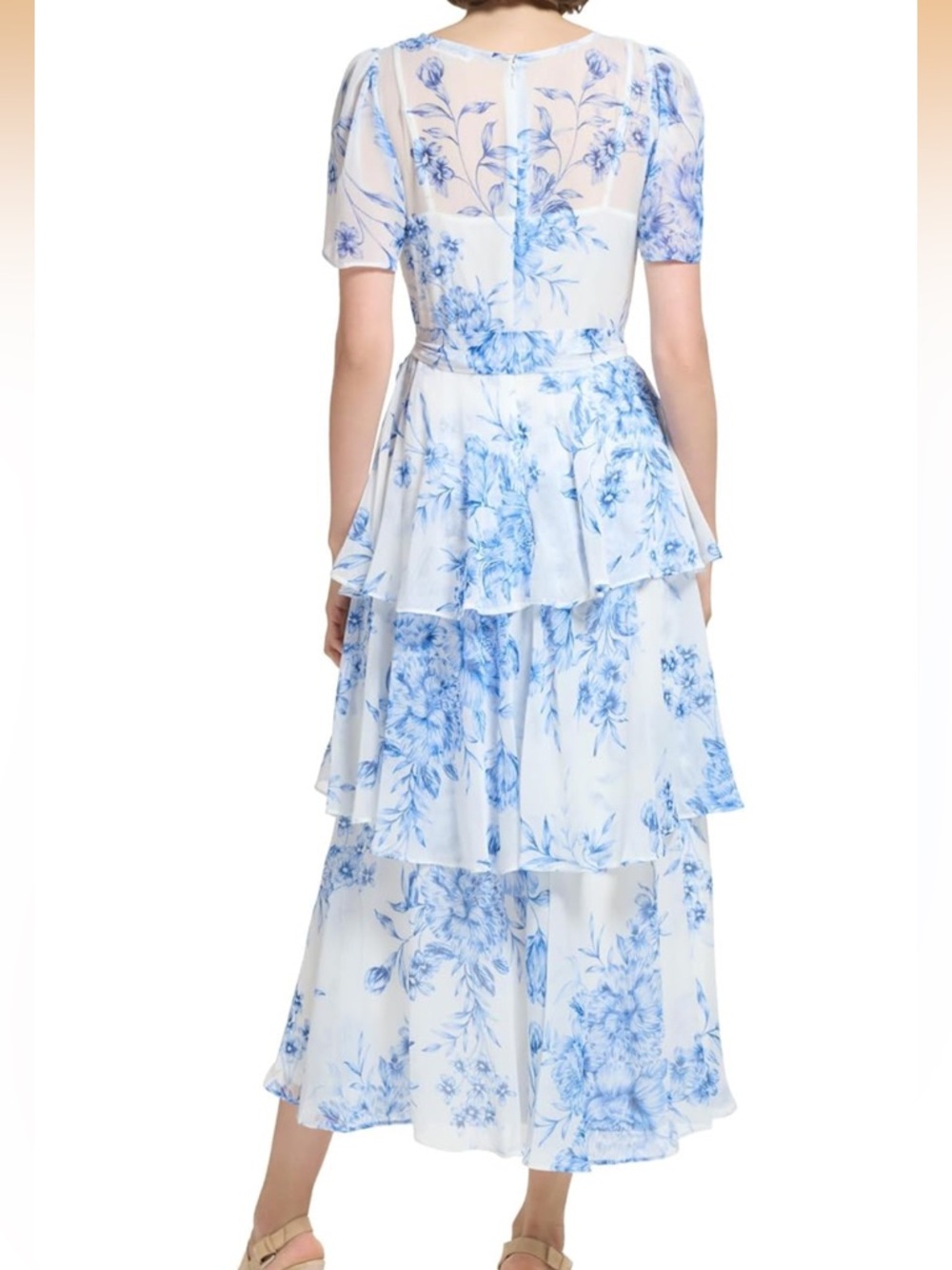 Calvin Klein Blue White Floral Midi Chiffon Dress with Pleated Skirt size 6 - Picture 2 of 14